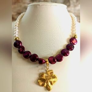 Genuine Wine Red Freshwater Coin Pearls & White Akoya Necklace W/ Orchid Pendant